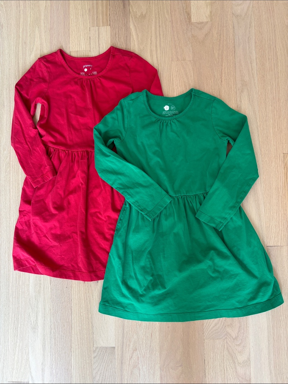 Primary Girls' Long Sleeve Cotton Dresses - Red & Green